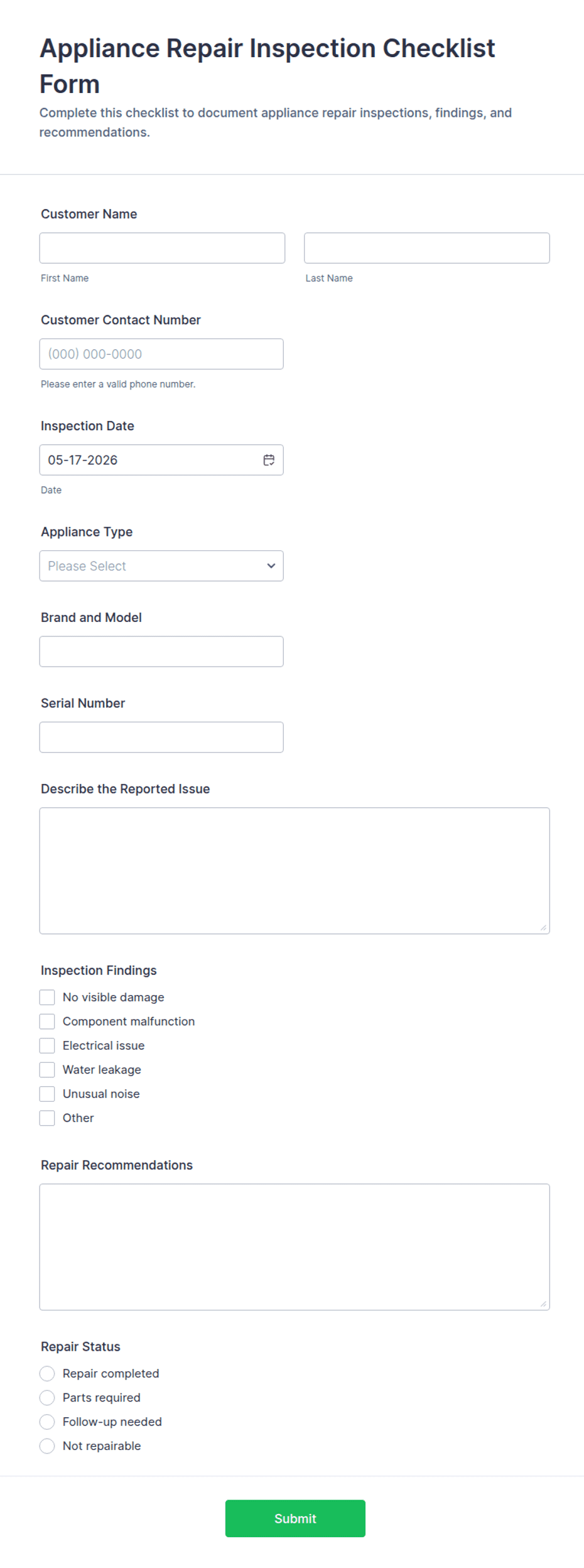Appliance Repair Inspection Checklist Form Template | Jotform