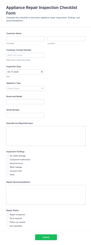 Appliance Repair Inspection Checklist Form Template