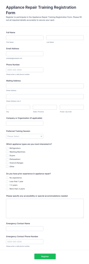 Appliance Repair Training Registration Form Template