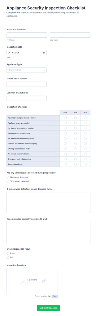 Appliance Security Inspection Checklist Form Template