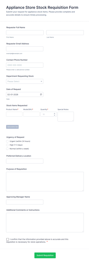 Appliance Store Stock Requisition Form Template