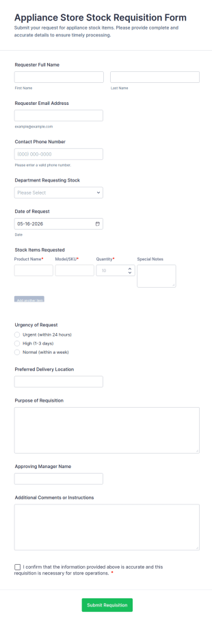 Appliance Store Stock Requisition Form Template