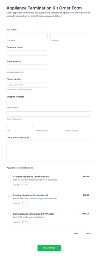 Appliance Termination Kit Order Form Template