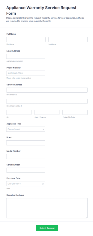 Appliance Warranty Service Request Form Template