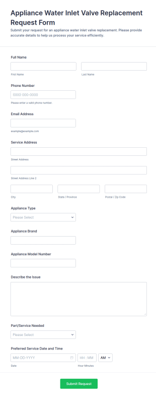 Appliance Water Inlet Valve Replacement Request Form Template