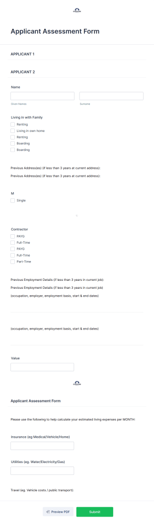 Applicant Assessment Form Template