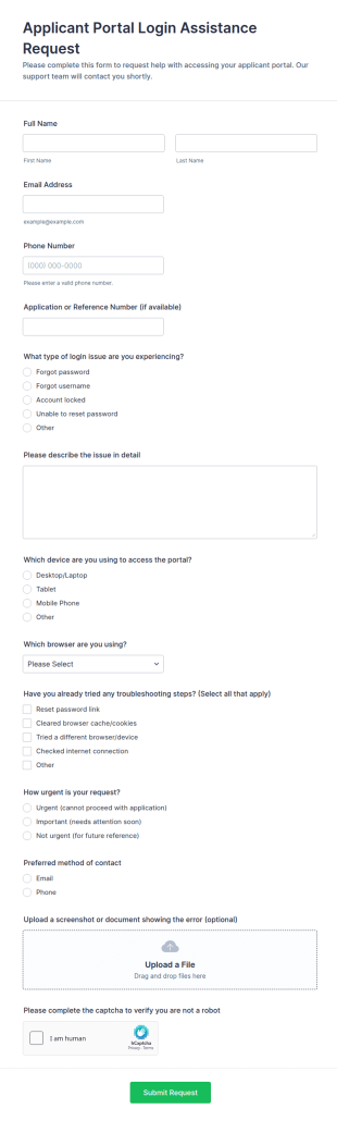 Applicant Portal Login Assistance Request Form Template