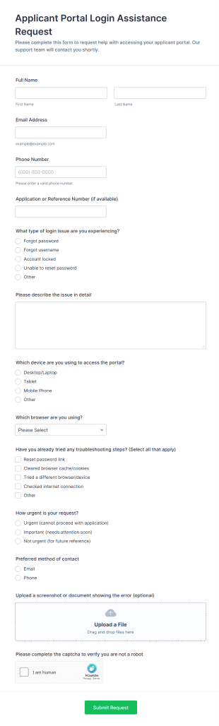 Applicant Portal Login Assistance Request Form Template
