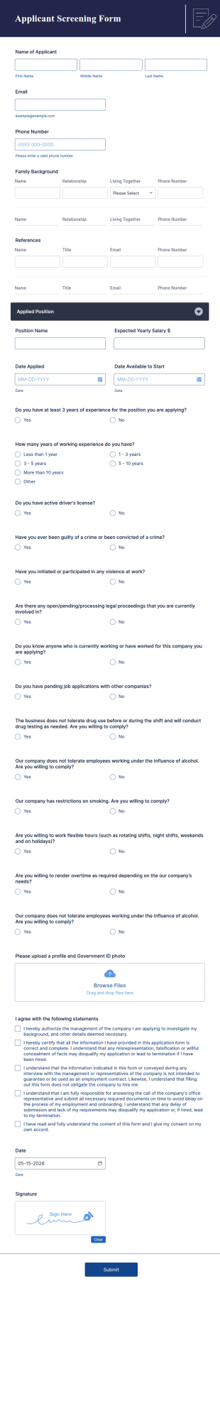 Applicant Screening Form Template