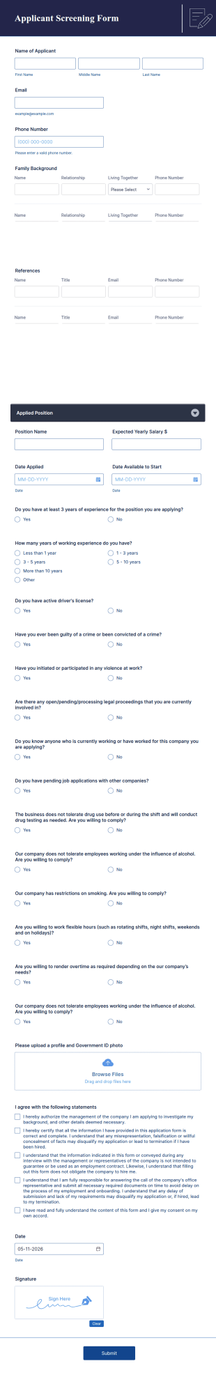 Applicant Screening Form Template