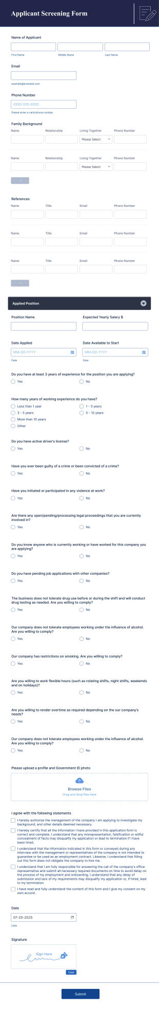 Applicant Screening Form Template