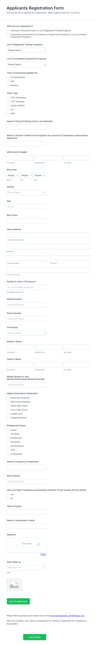 Applicants Registration Form Template