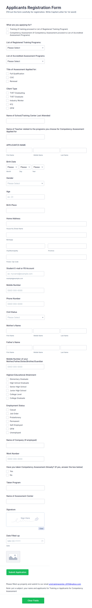 Applicants Registration Form Template