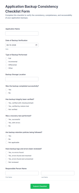 Application Backup Consistency Checklist Form Template