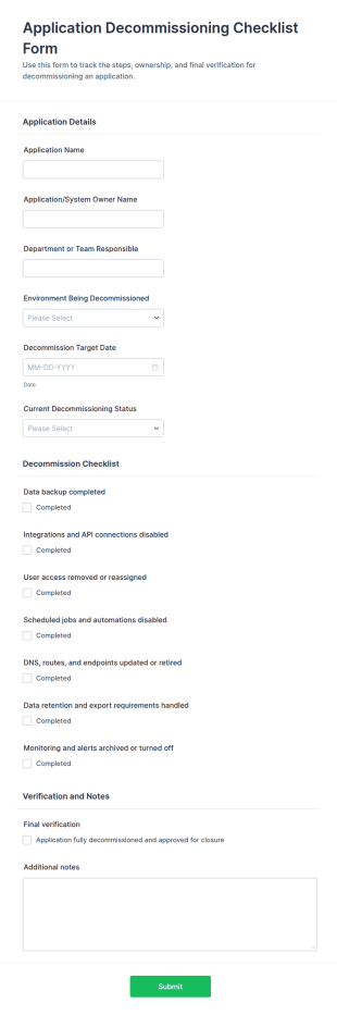 Application Decommissioning Checklist Form Template