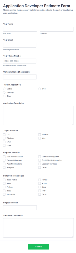 Application Developer Estimate Form Template