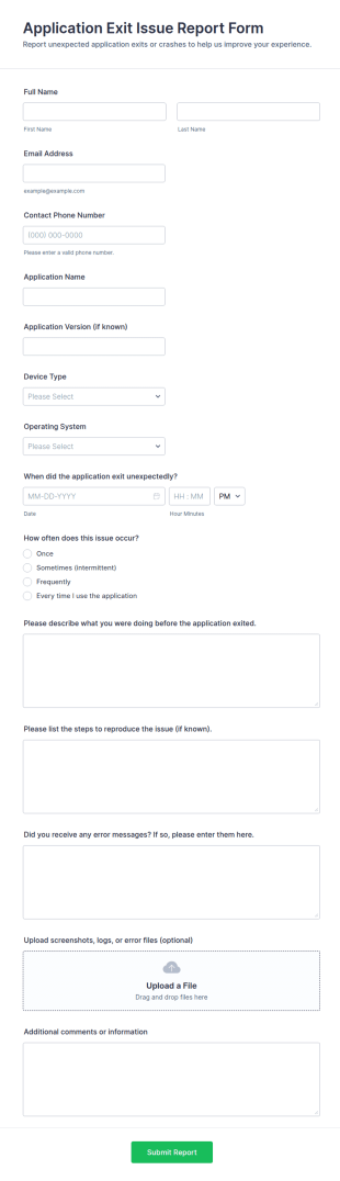 Application Exit Issue Report Form Template
