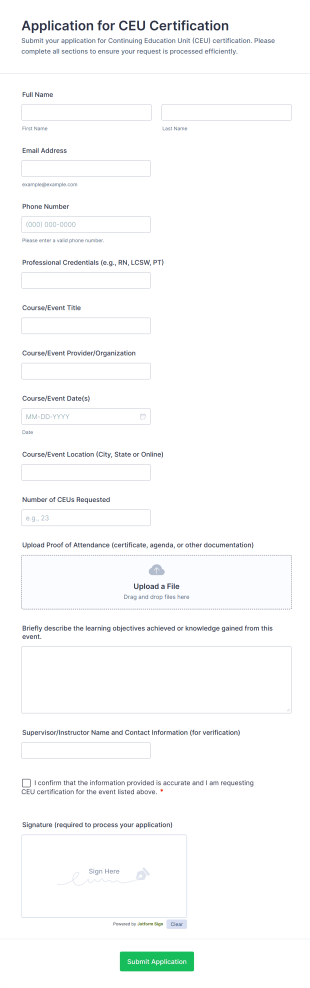Application For CEU Certification Form Template