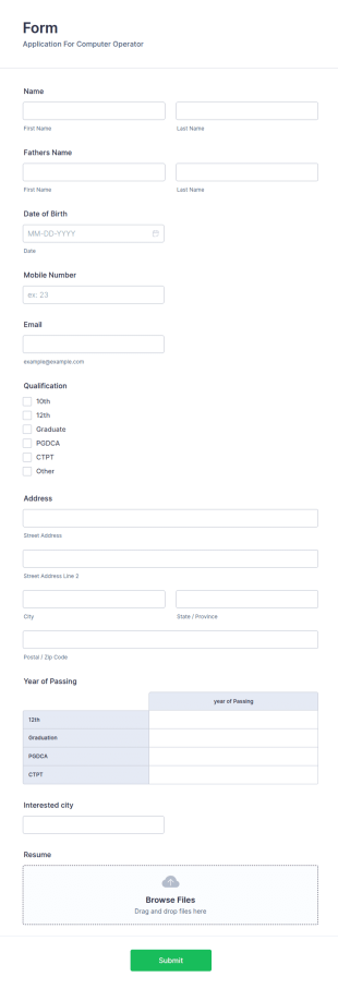 Application For Computer Operator Form Template