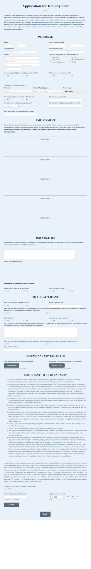 Application For Employment Form Template