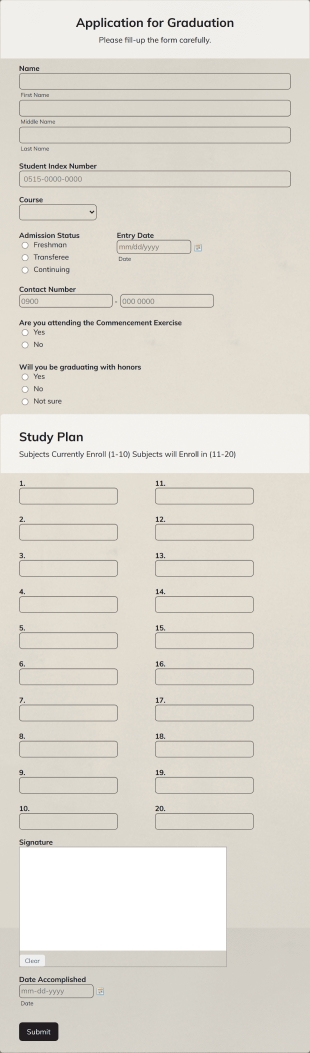 Graduation Application Form Template