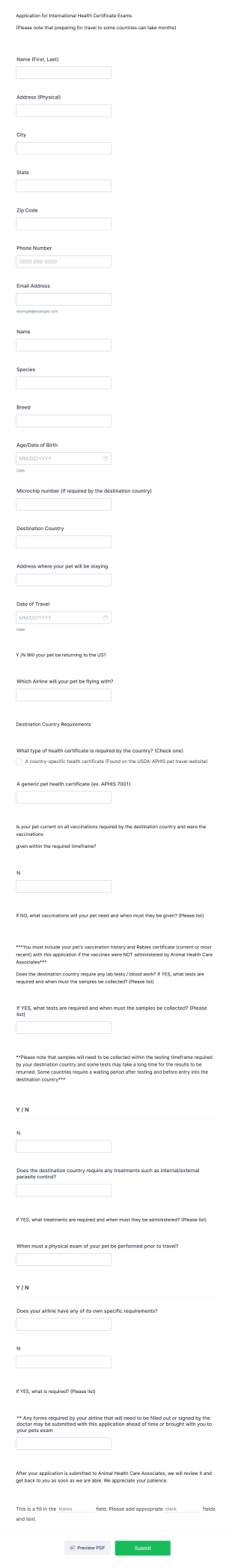 International Health Certificate Exam Application Form Template