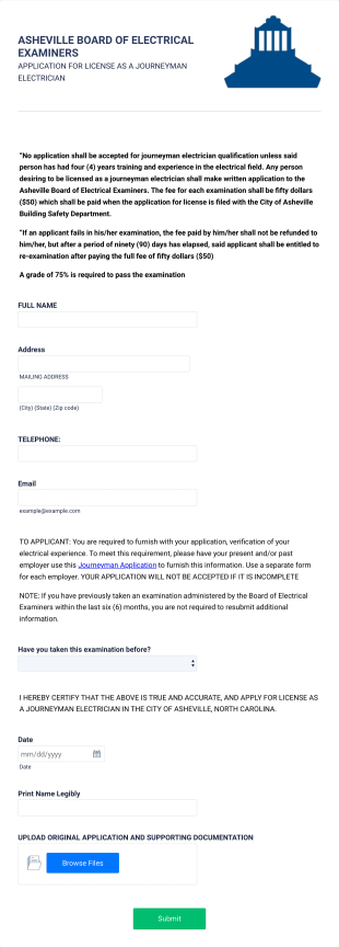 Application For License As A Journeyman Electrician Form Template