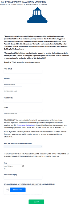 Application For License As A Journeyman Electrician Form Template
