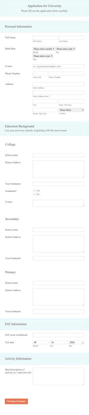 Application Form For University