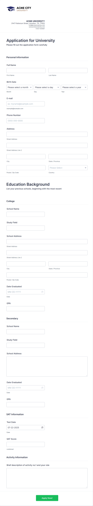 University Application Form Template