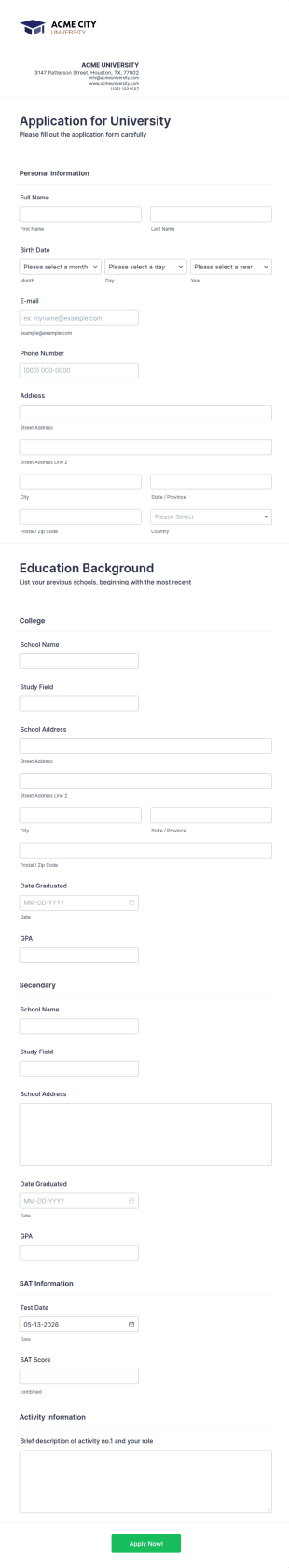 University Application Form Template