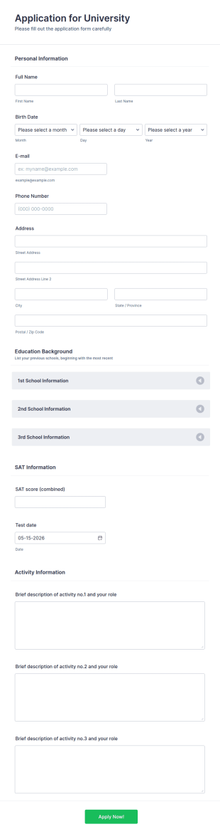 Application For University Form Template