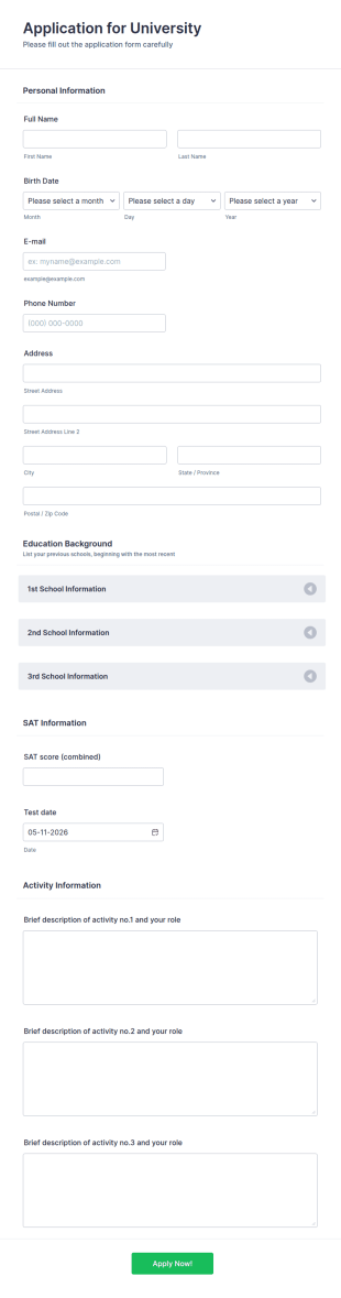 Application For University Form Template