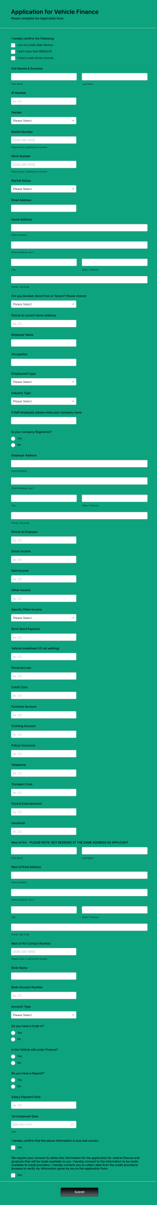 Vehicle Finance Application Form Template