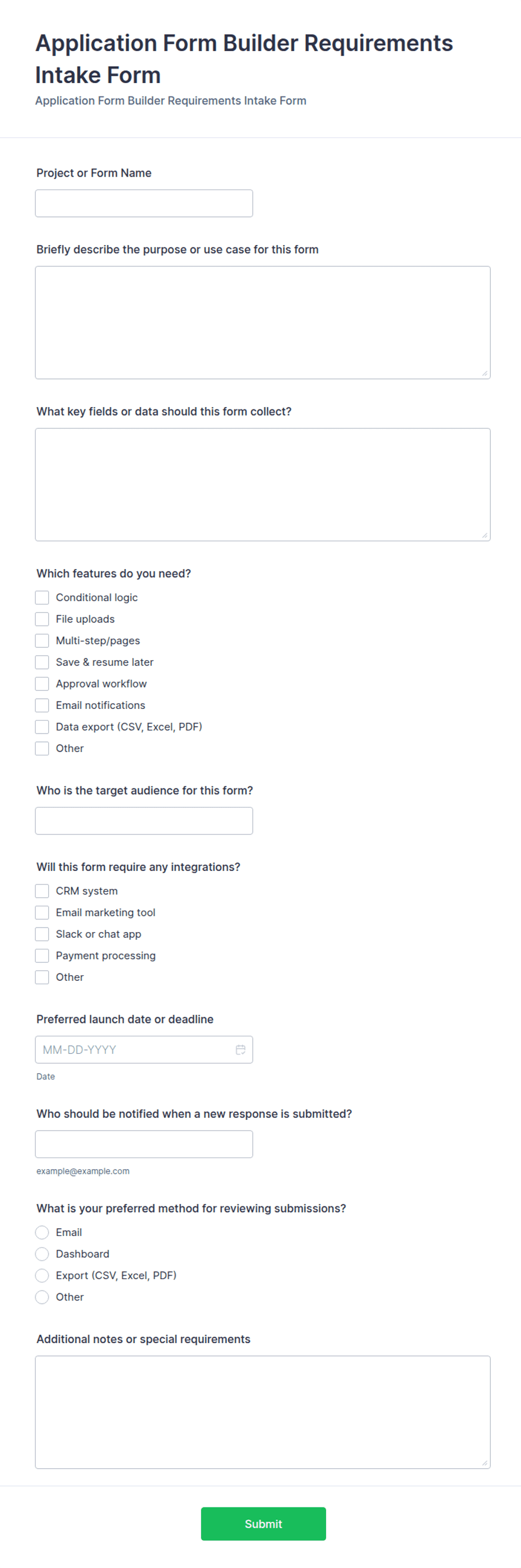Application Form Builder Requirements Intake Form | Jotform
