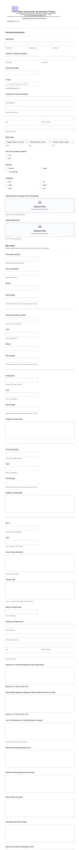 Research Associate Application Form Template