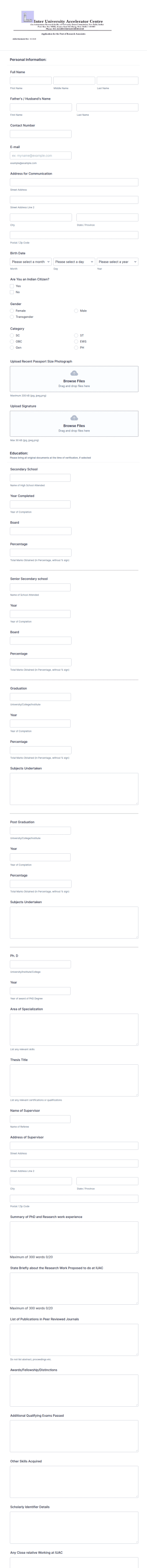Research Associate Application Form Template
