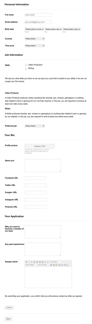 Application Form For Tech Website