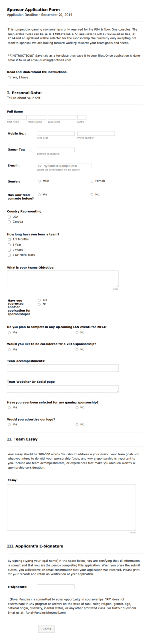 Gaming Sponsorship Application Form Template