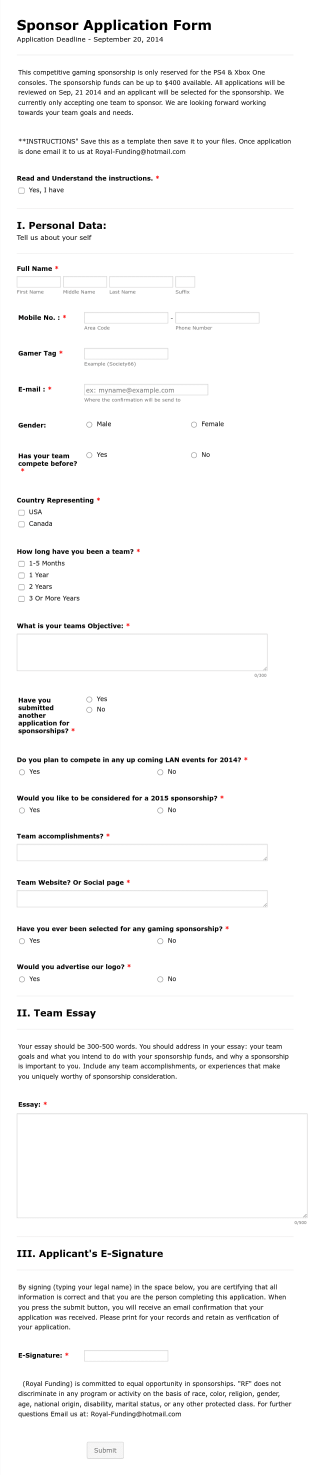 Gaming Sponsorship Application Form Template