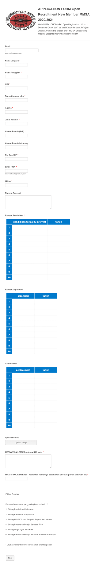APPLICATION FORM Open Recruitment New Member MMSA 20/21 Form Template