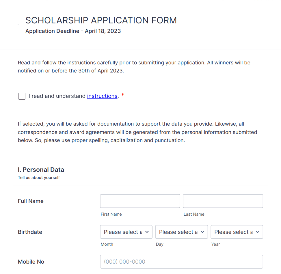 Sample Scholarship Application Form Template Jotform