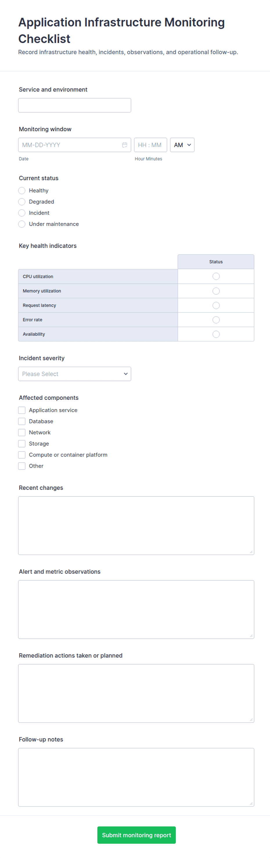 Application Infrastructure Monitoring Checklist Form Template | Jotform