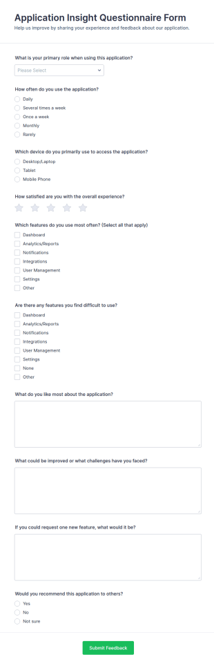 Application Insight Questionnaire Form Template