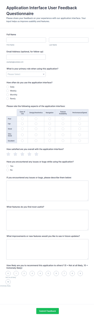 Application Interface User Feedback Questionnaire Form Template