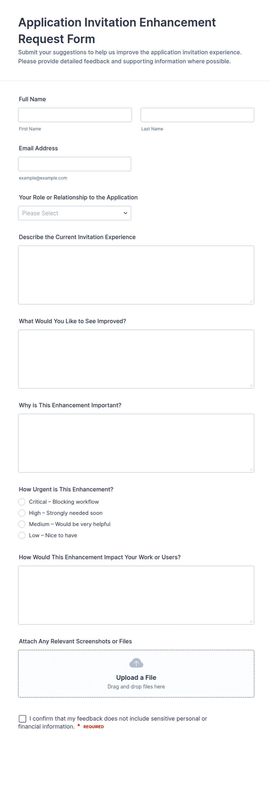 Application Invitation Enhancement Request Form Template | Jotform