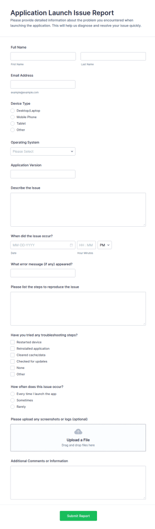 Application Launch Issue Report Form Template