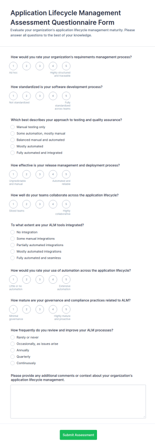 Application Lifecycle Management Assessment Questionnaire Form Template