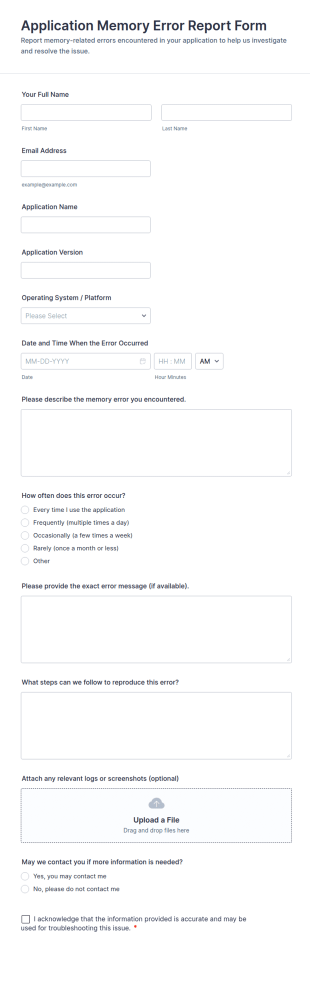 Application Memory Error Report Form Template