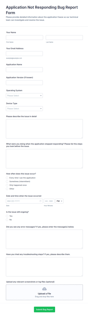 Application Not Responding Bug Report Form Template